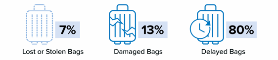 7% Lost or Stolen Bags, 13% Damaged Bags and 80% Delayed Bags